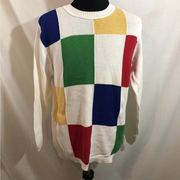 Hunt Club Other - Hunt Club White Multicolor Squares Long Sleeve Crew Neck Sweater - Men’s Large